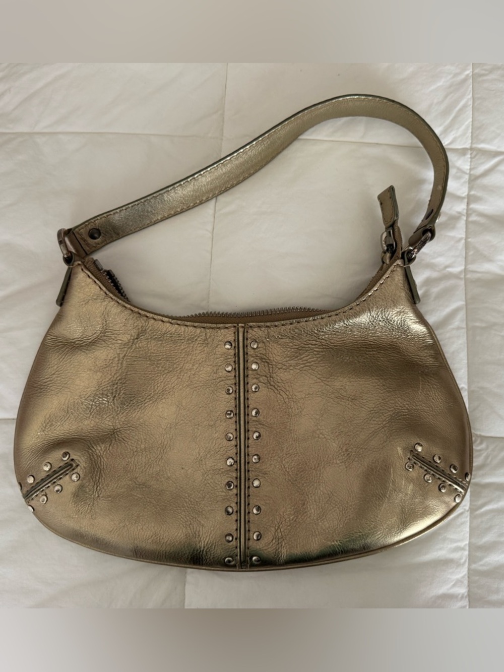 Y2K Michael Kors Genuine Leather Metallic Gold Studded Shoulder Bag! Good!